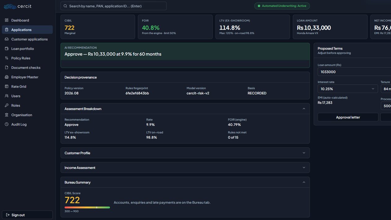 cercit credit officer dashboard showing a synthetic application book and exception queue