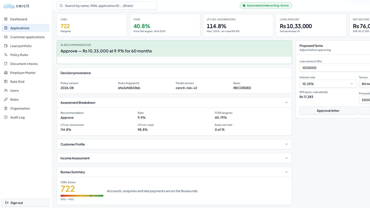 cercit credit officer dashboard showing a synthetic application book and exception queue