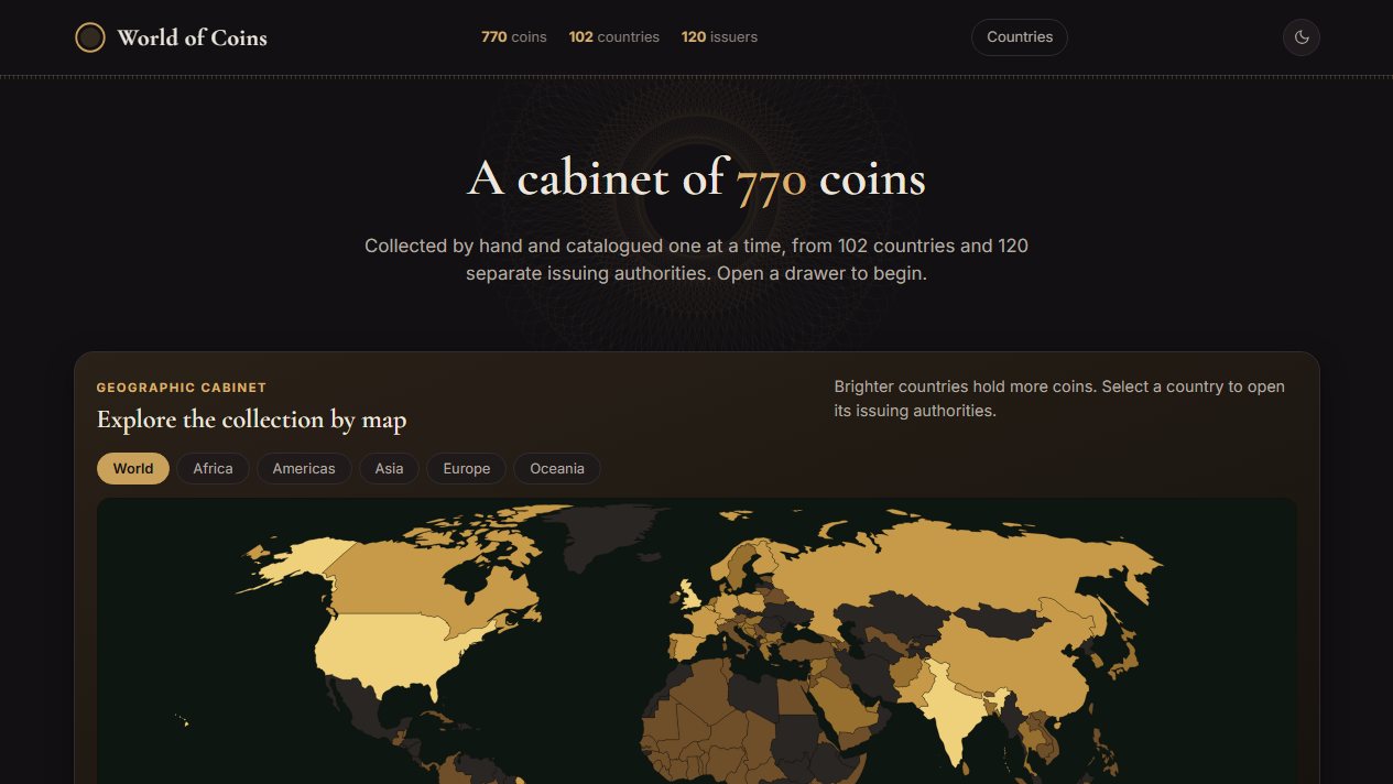 World of Coins catalogue with world-map navigation and curated exhibitions