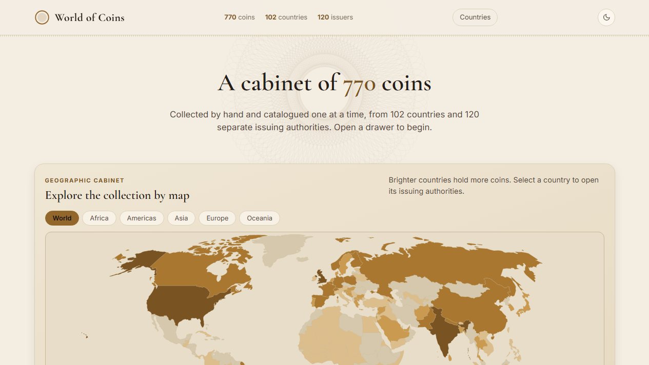 World of Coins catalogue with world-map navigation and curated exhibitions