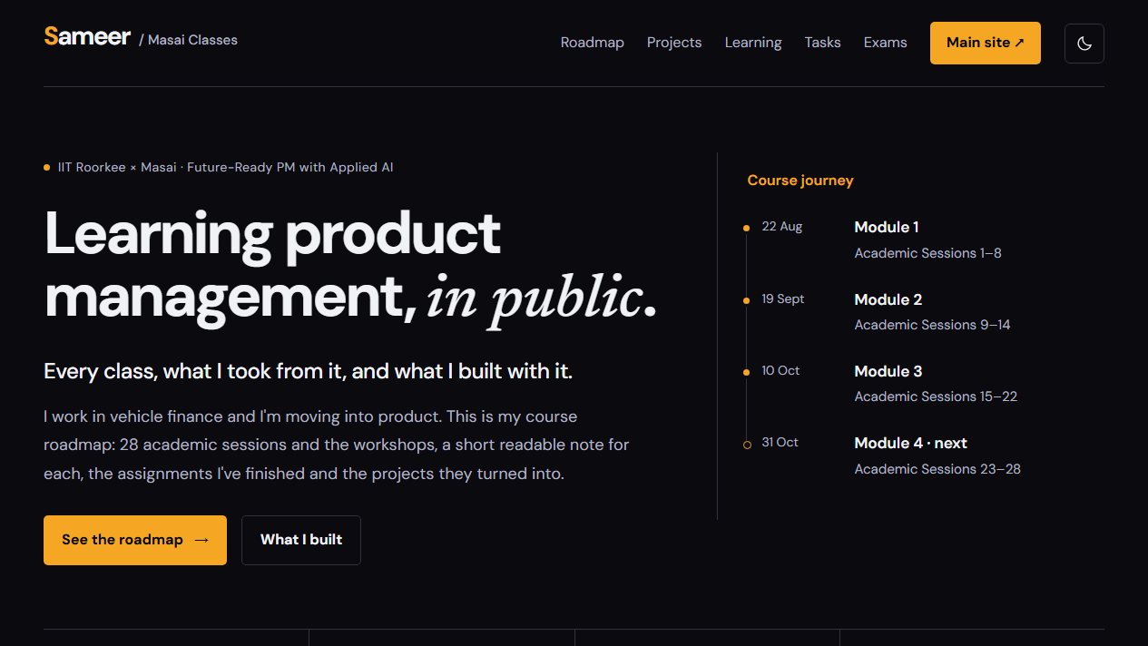 Course tracker home page: Learning product management, in public, with the module timeline