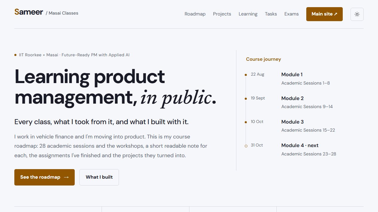 Course tracker home page: Learning product management, in public, with the module timeline