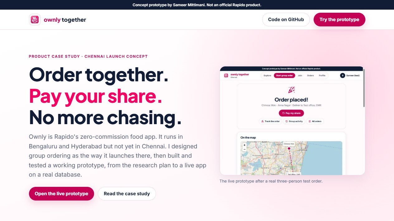 Ownly Together case study: order together, pay your share, no more chasing, with the live prototype's order confirmation and map